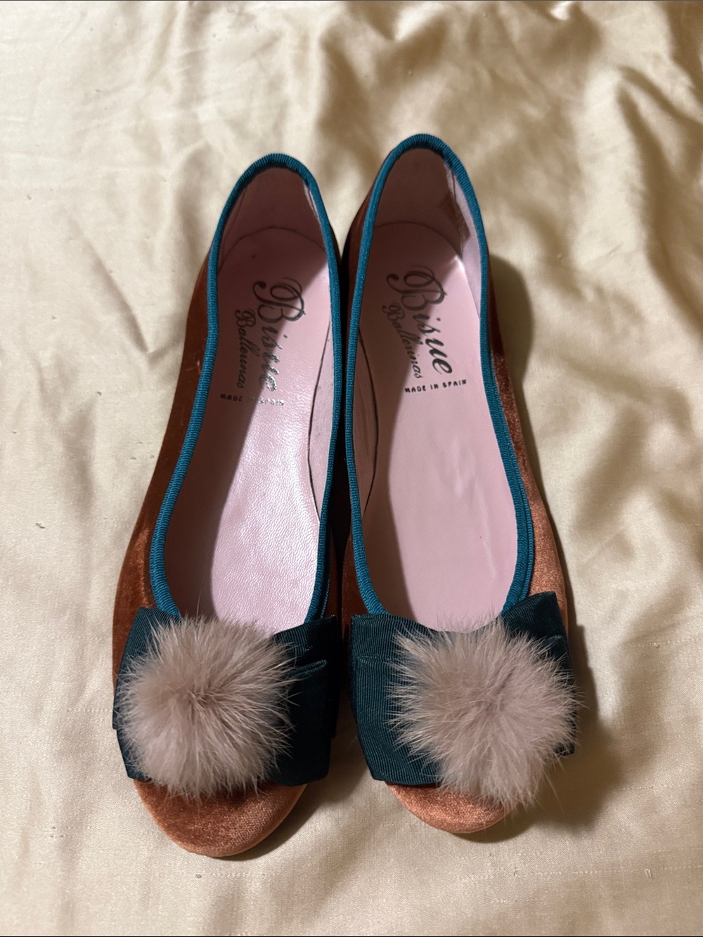 Seychelles Brown Velvet Flats with Teal Trim and Beige Pom